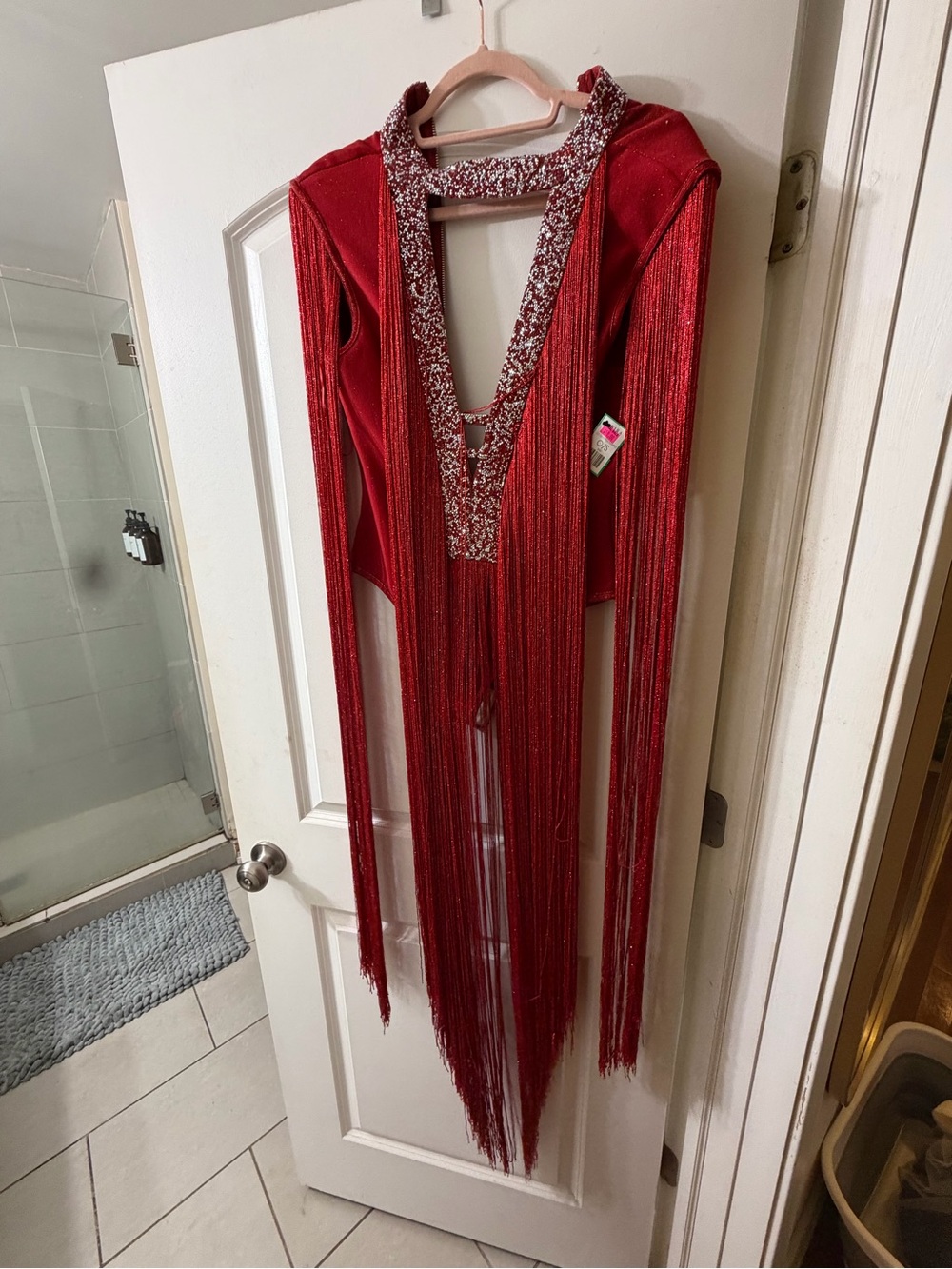 AKIRA Red Fringe Plunge Bodysuit